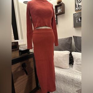 Chic Red Orange Midi Skirt and Top Set